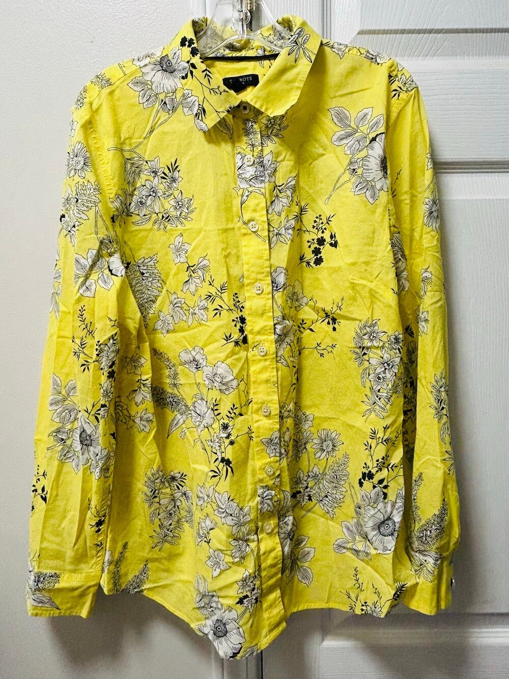 Talbots yellow floral button-up shirt with black/white floral print, size M